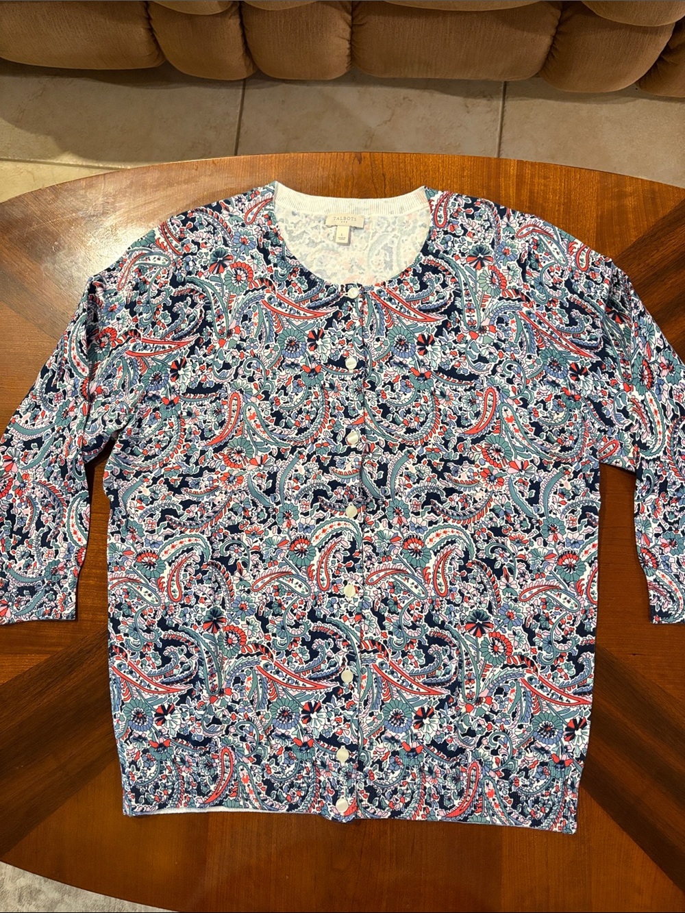 Talbots Women’s Charming Paisley Print Cardigan in Navy, Teal & Orange